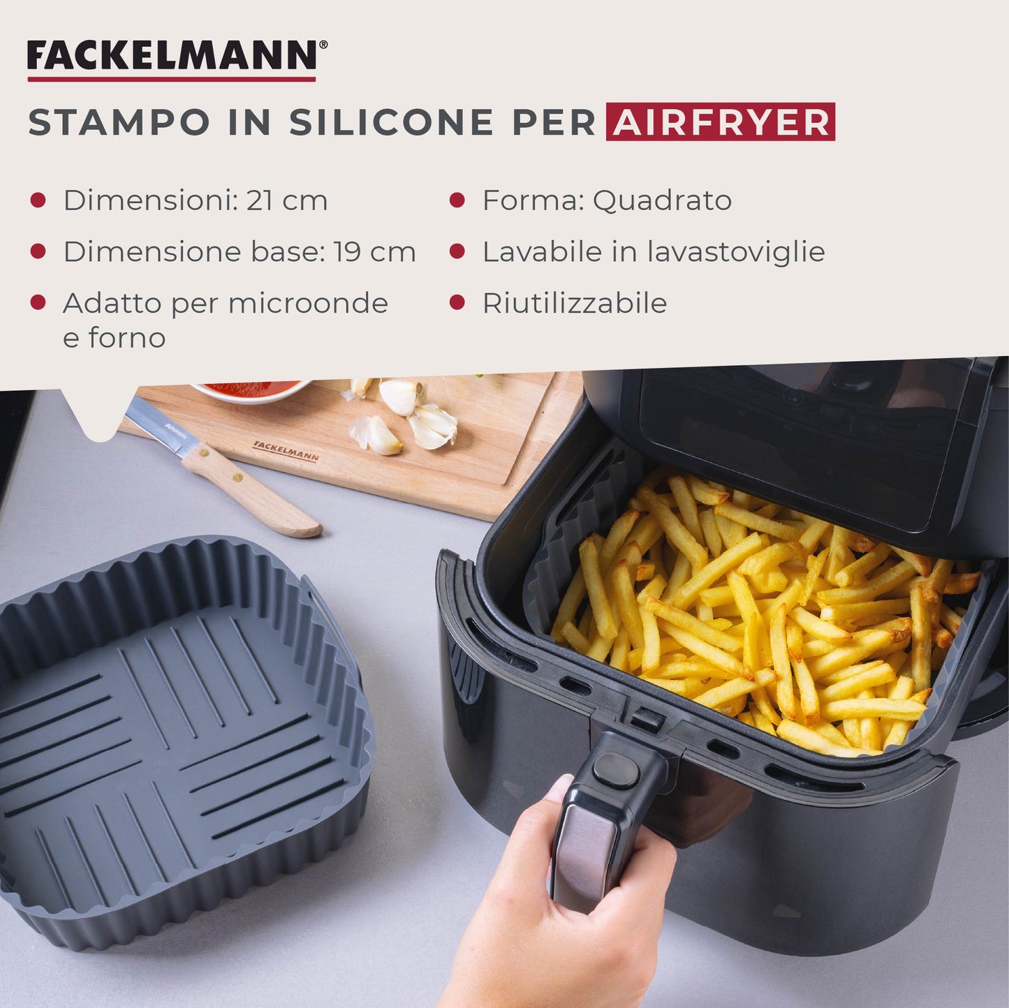 Stampo per Friggitrice ad Aria Quadrato in Silicone 19 cm, fondo rialzato, Fackelmann