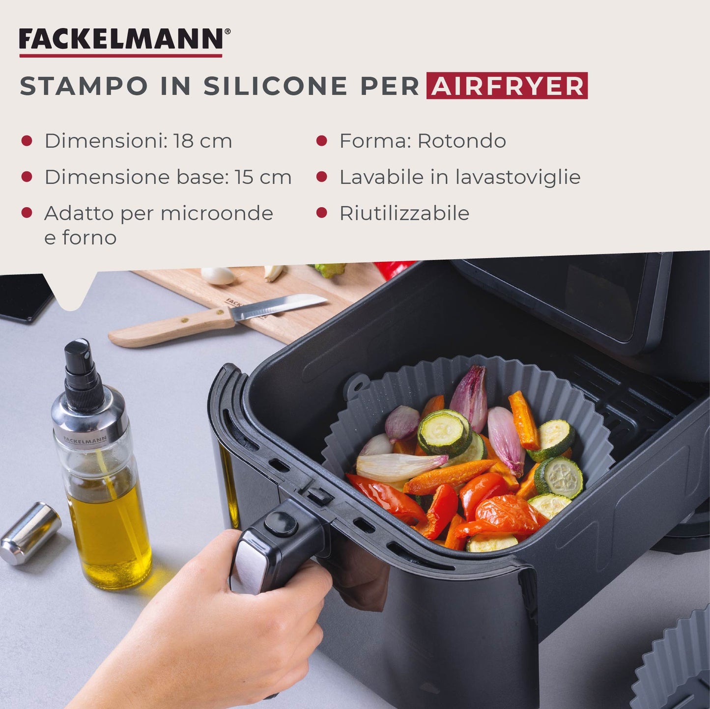 Stampo per Friggitrice ad Aria Rotondo in Silicone 15 cm, fondo rialzato, Fackelmann