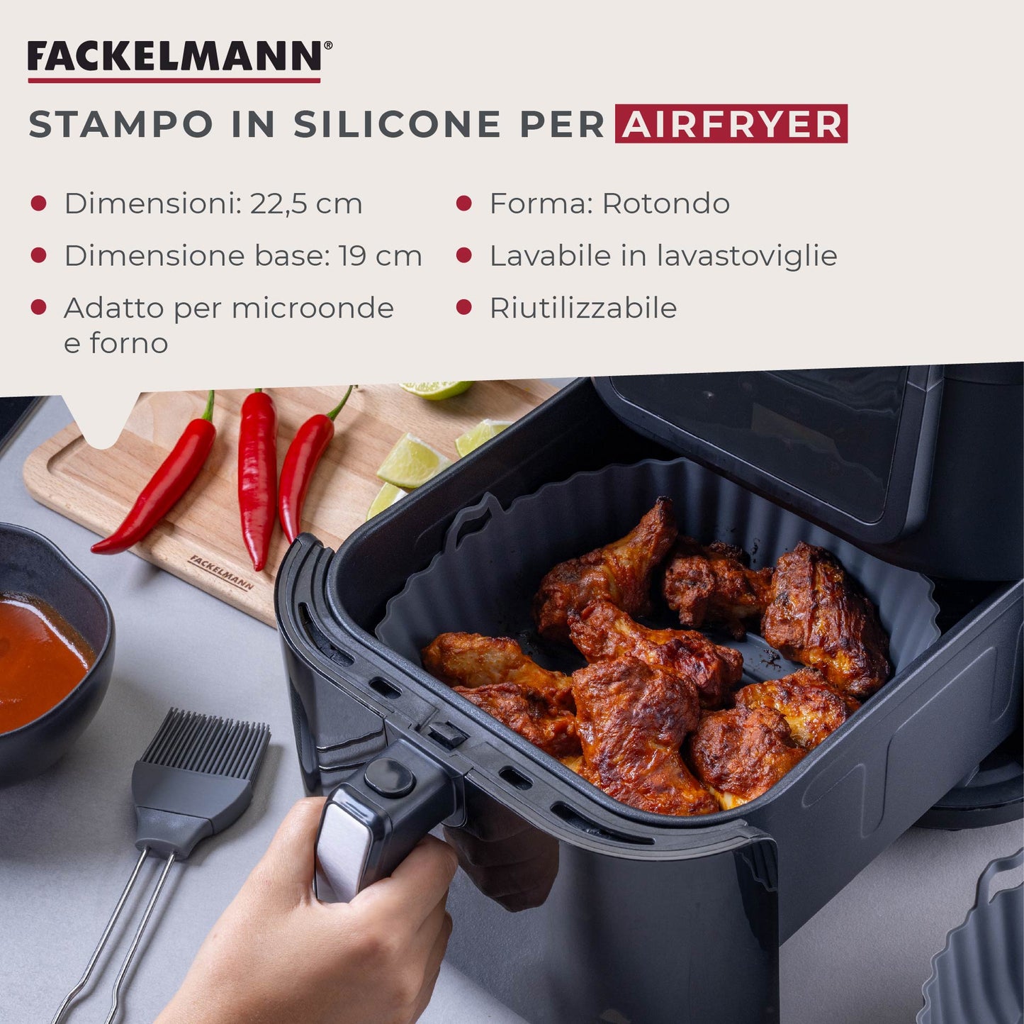 Stampo per Friggitrice ad Aria Rotondo in Silicone 19 cm, fondo rialzato, Fackelmann