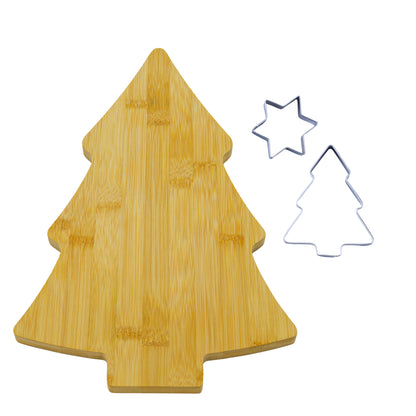 Set Tagliere in Bambù a Forma di Albero di Natale e 2 Tagliabiscotti in Acciaio Inox