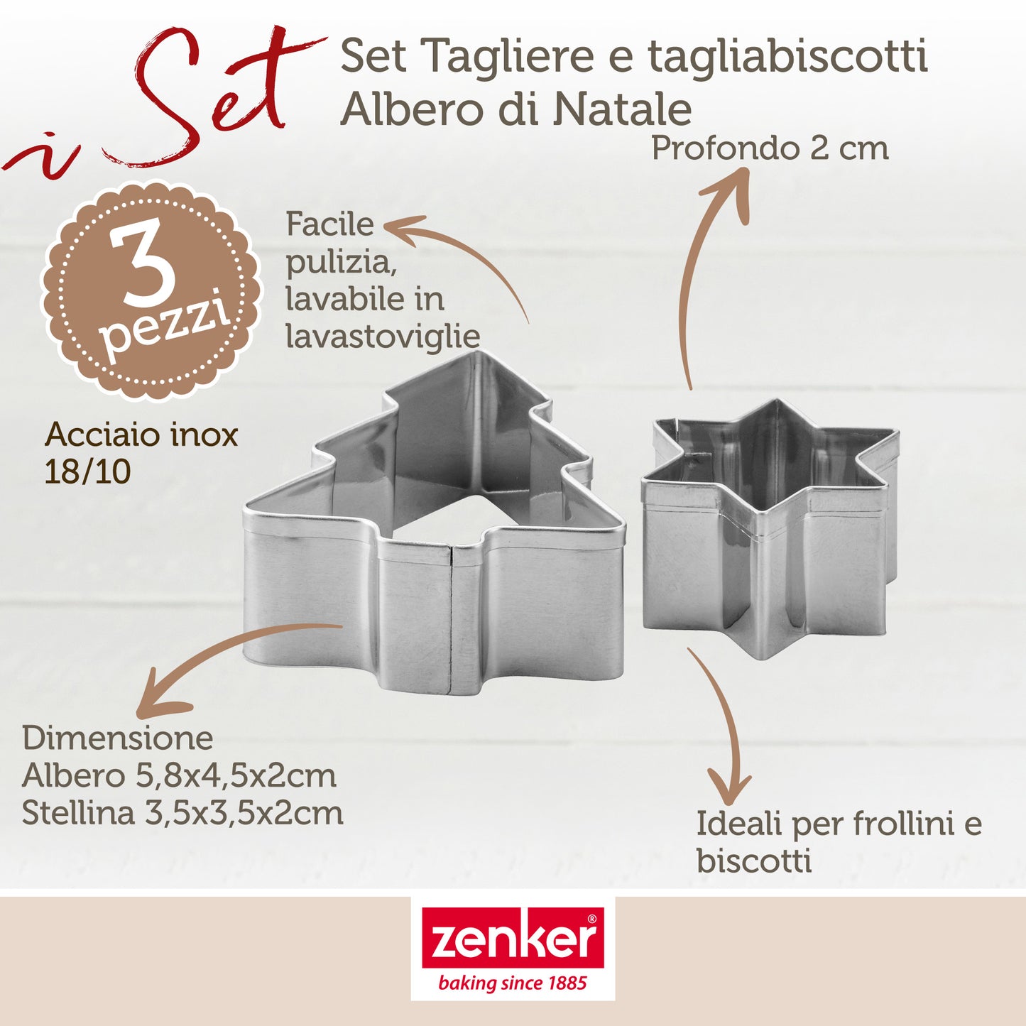 Set Tagliere in Bambù a Forma di Albero di Natale e 2 Tagliabiscotti in Acciaio Inox