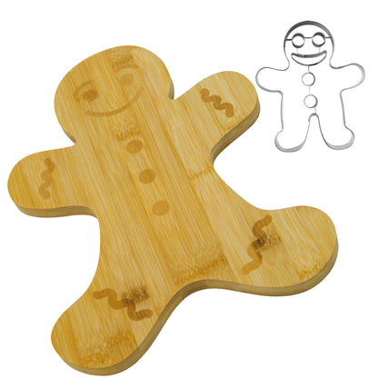 Set Natale Tagliere Omino di Pan di Zenzero in Bambù e Formina per Biscotti in Acciaio Inox