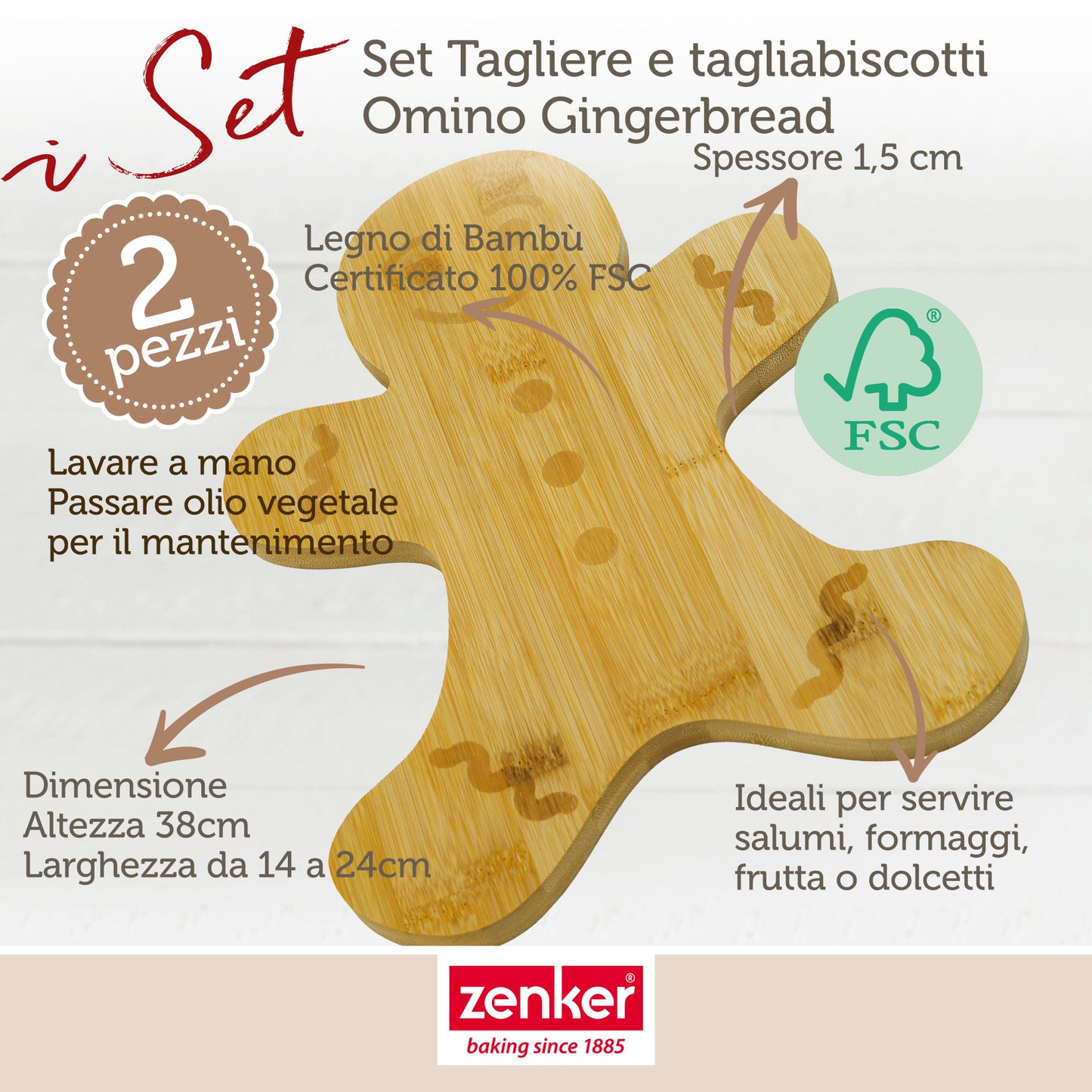 Set Natale Tagliere Omino di Pan di Zenzero in Bambù e Formina per Biscotti in Acciaio Inox