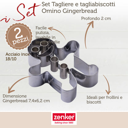 Set Natale Tagliere Omino di Pan di Zenzero in Bambù e Formina per Biscotti in Acciaio Inox