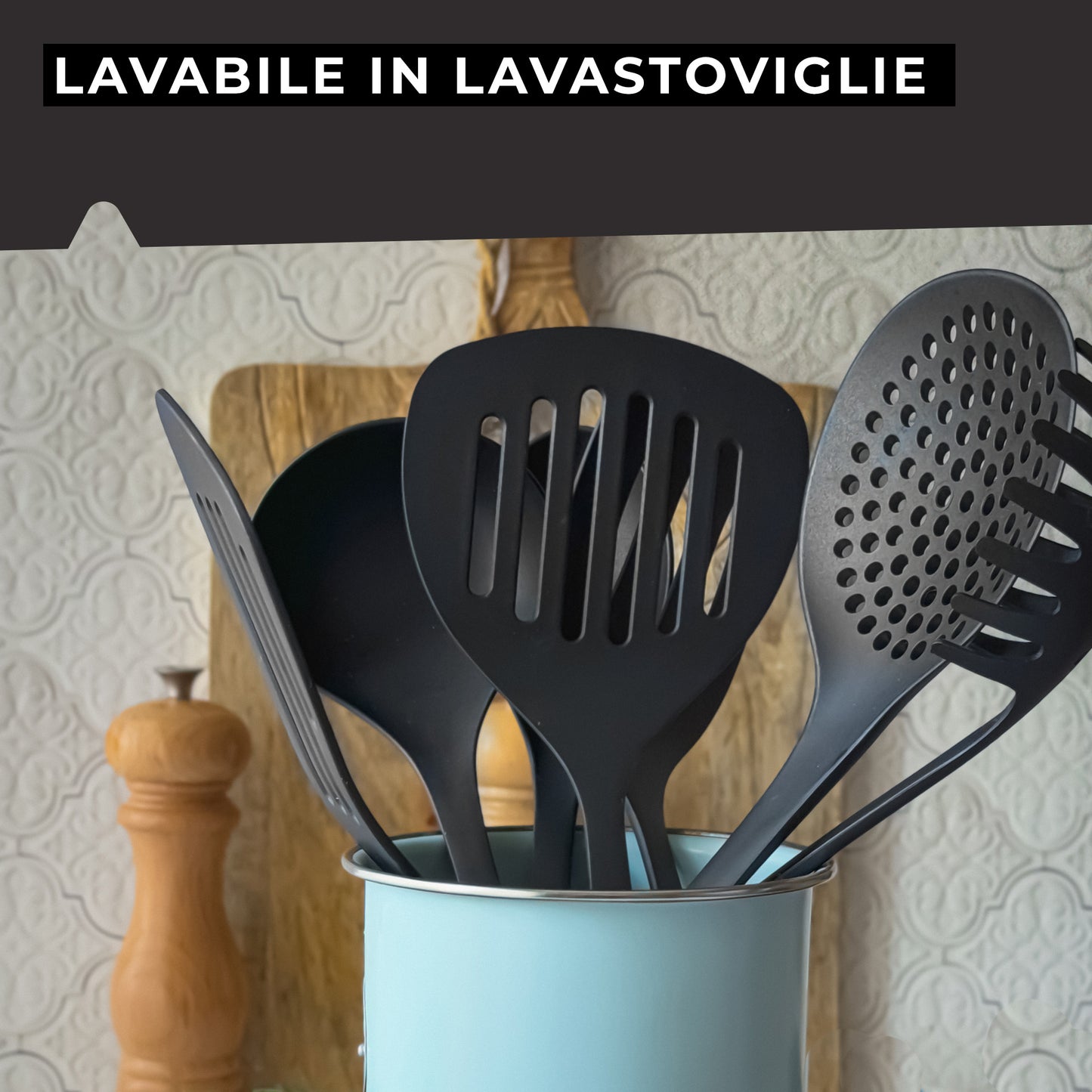 Set di 5 utensili da cucina, in nylon, Linea Nero